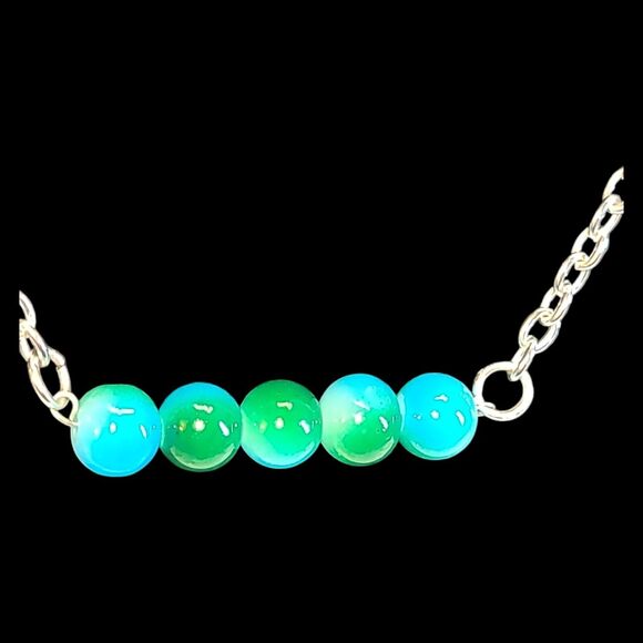 Handmade Blue &‎ Green Glass Ball Bar Charm Silver Tone Chain Necklace 16-19" - Picture 3 of 7